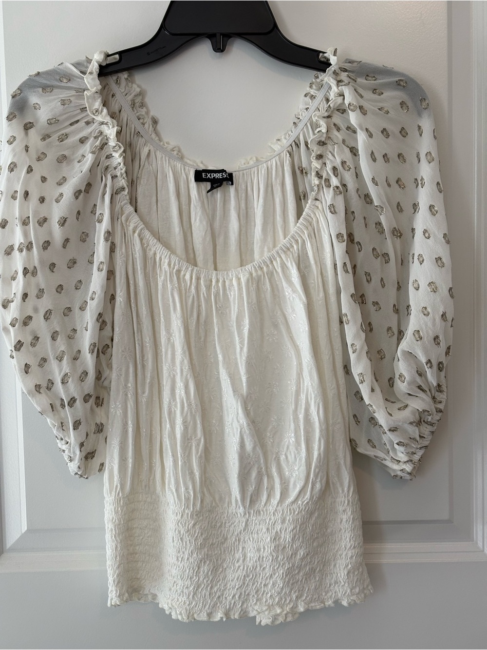 Express Ivory Peasant Blouse with Metallic Dot Puff Sleeves